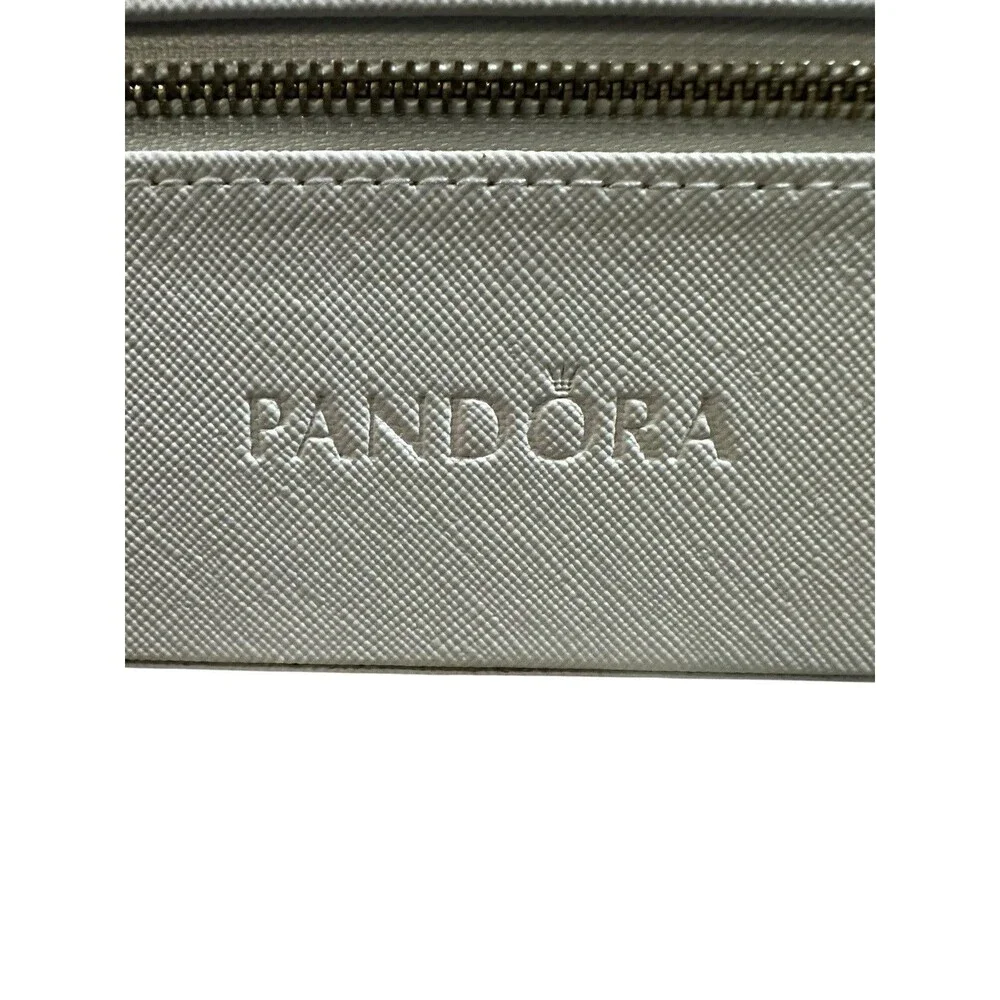 Pandora White Travel Jewelry Box Embossed Floral Gold Zipper Gray Velvet Lining